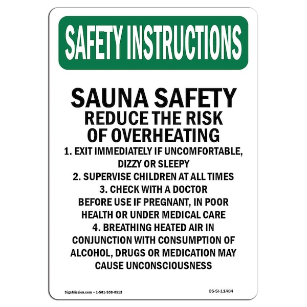 OSHA SAFETY INSTRUCTIONS Sign, Sauna Safety Reduce Risk, 10in X 7in Aluminum, 7" W, 10" L, Portrait